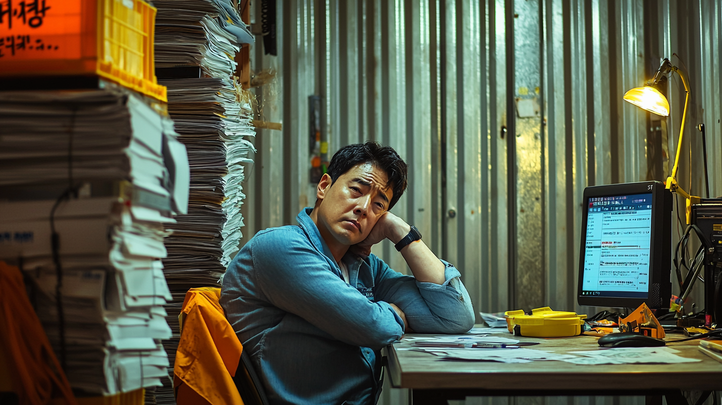 안전관리자가 쌓인 서류와 엑셀 화면 앞에서 지쳐있는 모습