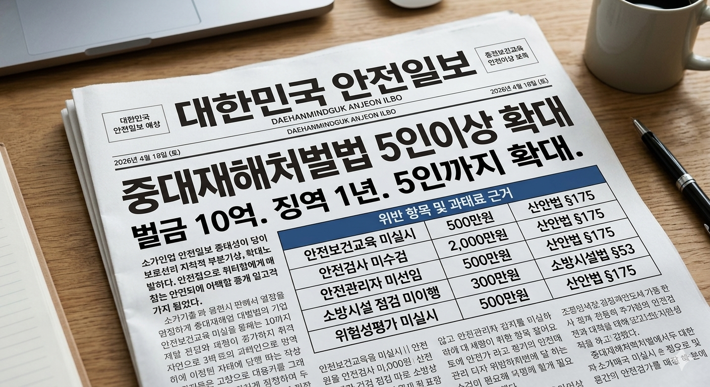 중대재해처벌법 5인 이상 확대 — 벌금 10억, 징역 1년, 과태료 상세 신문 기사