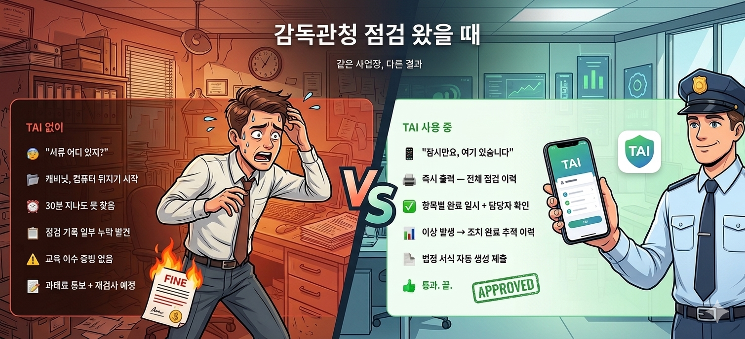 감독관청 점검 왔을 때 — TAI 없이 vs TAI 사용 중 비교
